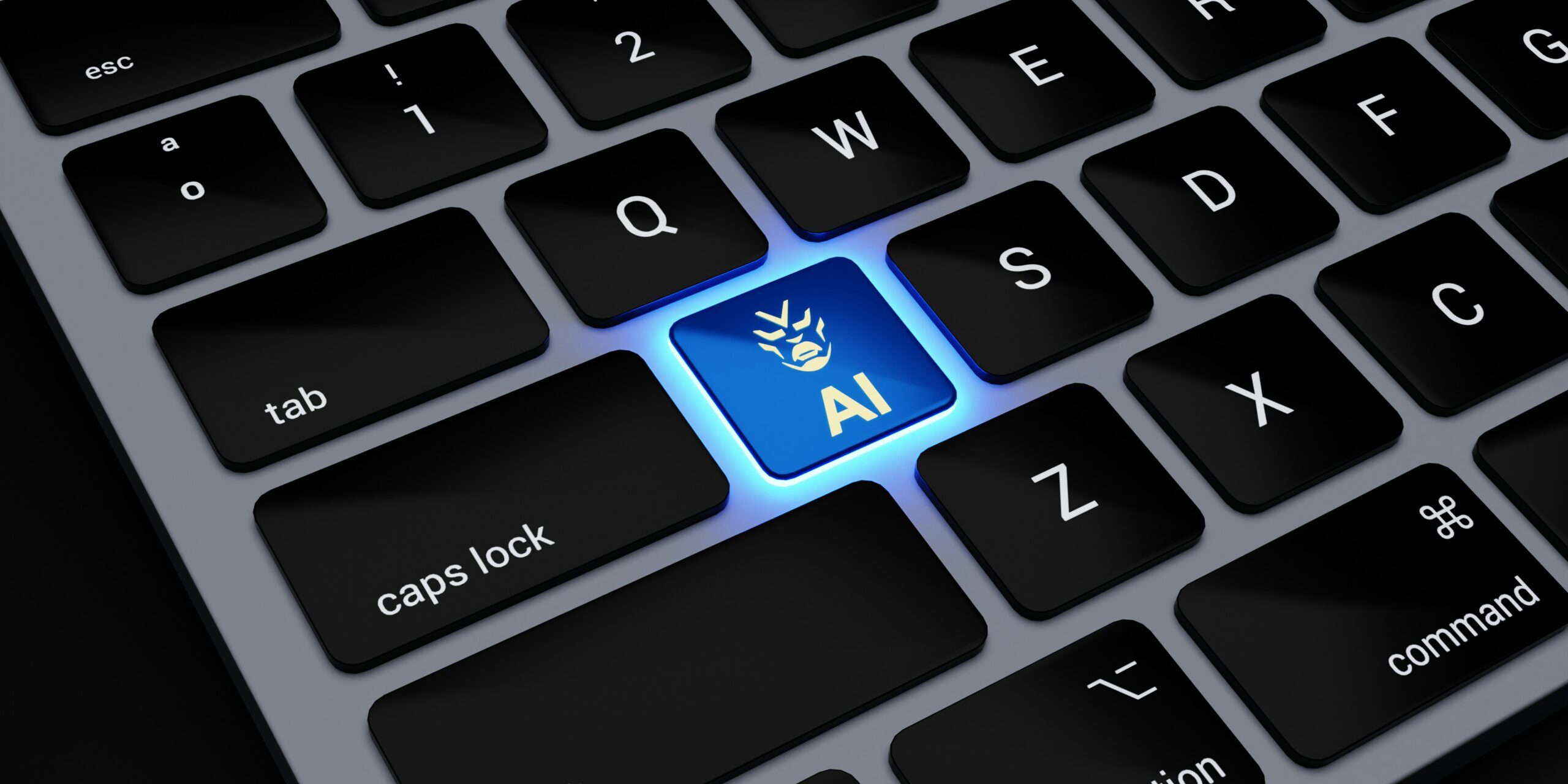 a computer keyboard with a blue light on it